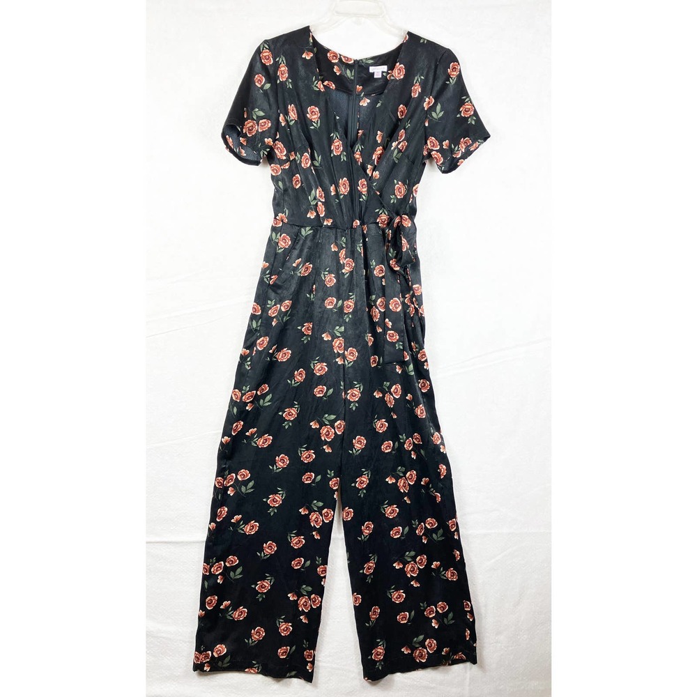 Xhilaration Black Floral Wide Leg Jumpsuit Womens Size Medium Roses